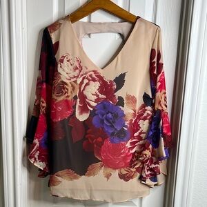 Cream and Red Asymmetrical Blouse with Relaxed Fit